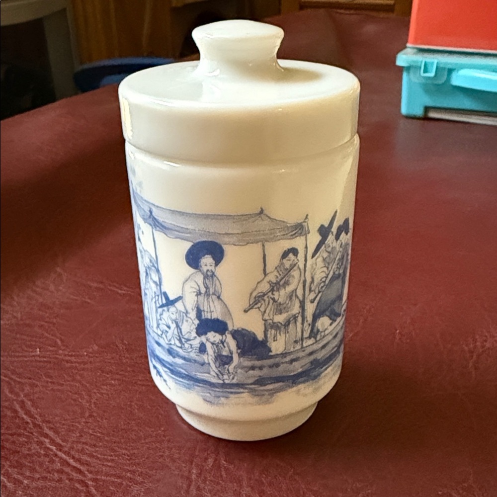 Vintage Blue and White milk glass Apothecary Jar